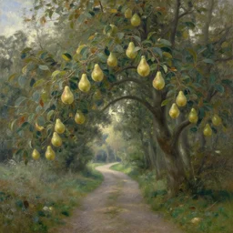 oil painting of translucent pears on tree, medieval forest path in dawn by anders zorn, wonderful art by greg rutkowski, incredible lighting, shadows, beautiful cinematic light, american romanticism by greg manchess, tall rocky mountains and storm clouds, sun rays, sunshine, bright sunny summer day, stone walls and wooden fences, meadow