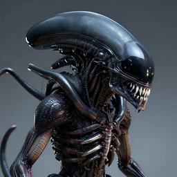 xenomorph. it has sharp silver teeth. it has an elongated head with a smooth black transparent dome. giger style. photorealistic, character design