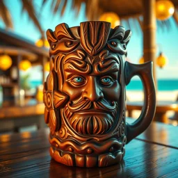 a closeup photorealistic photograph of a captain america style trader vic's tiki mug with his face on it at the beach bar. bright scene. shield. fine detail. this 4 k hd image is trending on artstation, featured on behance, well - rendered, extra crisp, features intricate detail, epic composition and the style of unreal engine.