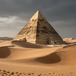 a sand dune with a large, pyramidic temple in the middle of it.