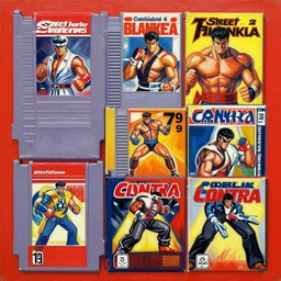 1 9 7 9 retro box art nes. commodore 6 4. street fighter 2 blanka. contra. artgerm. coherent. keith parkinson. oil on canvas