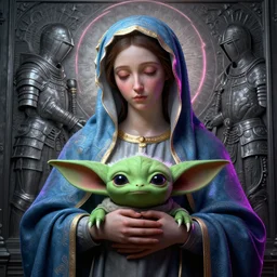 impressive portrait of the virgin mary grogu on hands, background engraving details in armor, works of art, octane rendering, 8 k environment,, neon, high detail, 8 k, hdr, studio, matte painting, environment, digital illustration, artstation, byshardula, by kuvshinov