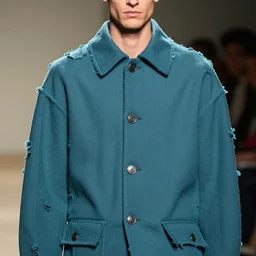 an award - winning closeup photo of a male model wearing a baggy teal distressed medieval cloth menswear jacket by alexander mcqueen, 4 k, studio lighting, wide angle lens