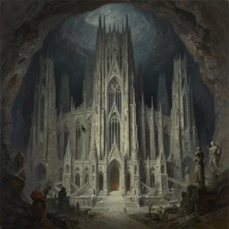 massive subterranean gothic citadel by Les Edwards and Delphin Enjolras, oil on canvas, dramatic scenery, highly detailed matte painting, artstation