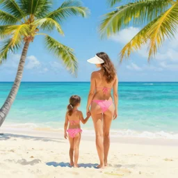 mother daughter tanning on tropical beach vacation, abstract