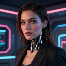 cinematography closeup portrait of a gorgeous cyborg business woman in a cyberpunk apartment, neon lighting, night, by Emmanuel Lubezki