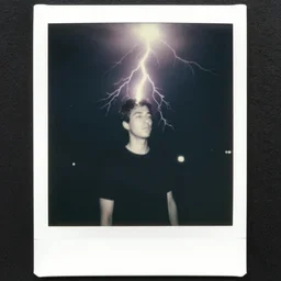 low wide angle, old polaroid of a man being hit by a lighting strike in his head, black and white