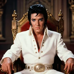 sharp, detailed, color film of elvis sitting on his throne in his castle, atmospheric lighting, in focus, blue reflective eyes, 3 5 mm macro lens, live action, nice composition, photorealistic