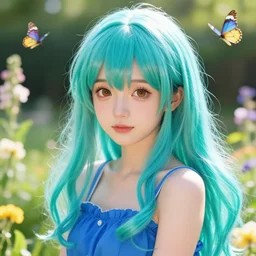 portrait of beautiful girl with long turquoise hair, cute big brown eyes, and a blue dress, in a garden full of flowers and Butterflies, realistic anime, backlit, strong rim light, sharp focus, octane render, trending on artstation, 8k