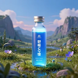 a glowing flacon of phycocyanin from the main ingredient company in a beautiful surrealist landscape, matte painting, digital art, -h1024