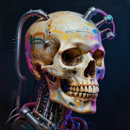 a full head portraits of skull basquiat mechanical hydraulics neon highlights painting, intricate details, 3 d, octane 8 k, by moebius and basquiat