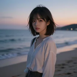 an anime girl standing on a beach, with her eyes on the dusk, natural lighting, hyperdetailed photograph, 4 k