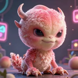 an alien with a face that looks like a fuzzy peach the peach is fuzzy pink warm and ripe the alien has horns and a mean smile the alien has chicken feet cruel smile, 4k, highly detailed, high quality, amazing, high particle effects, glowing, majestic, soft lighting, detailed background, neon background