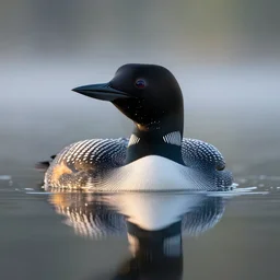 high resolution photograph of a loon with an evil reflection, eerie, morning light, misty lake