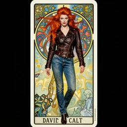 art nouveau, David Bowie, one single figure, tarot card, The Vampire, leather jacket, jeans, long red hair, full body