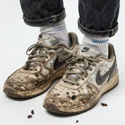 a pair of extremely dirty rotten nike sneakers with worms and beetles on them