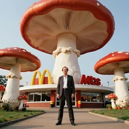 Michael Keaton standing in front of big large building, Mcdonalds Restraunt gigantic fungus mushroom, surrounded by mushrooms, one point perspective, cinematic, low angle ,wide angle 1981