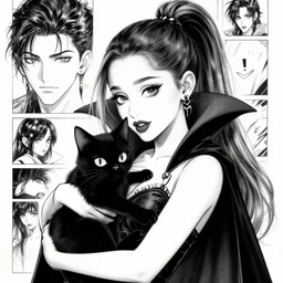 Ariana Grande as a vampire queen holding a black cat, highly detailed, black and white, manga, art by Kentaro Miura