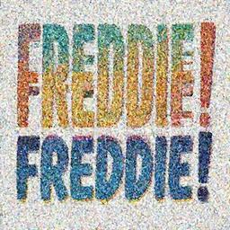 typographic text for FREDDIE!, colorful lettering, bright colors, typography graphic design