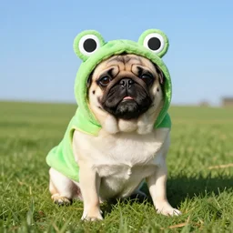 still image of an adorable pug sitting in the grass while wearing a frog shaped hoodie, professional photo, 26mm, f1.5, clear blue sky, sunny day, iso 50