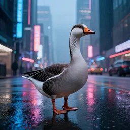 a high quality low wide angle photo of a Greylag Goose on the streets of a cyberpunk city, rainy, reflective ground, neon lights, realism, 8k