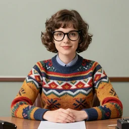 a colour photo portrait of a young secretary sitting behind a desk, sweater in 1 9 7 0 th knitted burda style and colours, 8 k, wearing big 1 9 7 0 th glasses