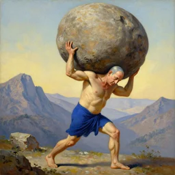 a painting of benjamin netanyahu as sisyphus, carrying large boulder on shoulders, mountain background, by franz stuck