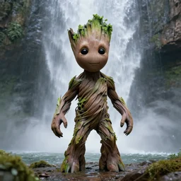 photorealistic wide shot portrait of Groot, under waterfall, octane render, unreal engine 4k, volumetric light, fog, detailed, inspired by Giger