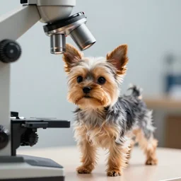 microscopic photo of a tiny yorkie dog, the size of an atom, under a microscope