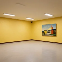 Empty office Space with yellow wallpaper and LED Ceiling lights, painting by Frank Lloyd Wright