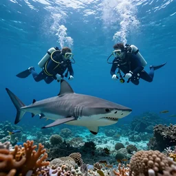 beautiful unimaginable wonderful underwater life under the island, scuba divers fight sharks, cyberpunk, photography, ultrarealism, macro lens, hyghly detailed, cinematic light, photorealism, epic, vibrant colors