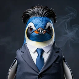 selfie of a groovy penguin in a suit, blue penguin, hair, godfather, photo realistic, symmetrical, dark background, smoke, realistic, highly detailed, trending on artstation,
