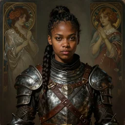 portrait painting of round - faced black badass young woman knight with a braided ponytail wearing old leather armor, ultra realistic, concept art, intricate details, eerie, highly detailed, photorealistic, octane render, 8 k, unreal engine. art by artgerm and greg rutkowski and charlie bowater and magali villeneuve and alphonse mucha