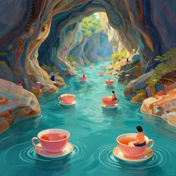 a river in a marble cave system with big tea cups floating down it carrying people, vivid colors, matte painting, 8K, concept art, mystical color scheme, trending on artstation