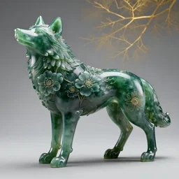 Translucent dark green jade sculpture of a wolf growing flowers on its body. Delicate veins of gold in the background. Photorealistic. Hyper-realistic. Extremely detailed. 4k. Volumetric lighting. Cycles render. Ray tracing.