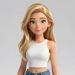 Portrait of a Strawberry-Blonde Girl, Young Beautiful Face, Green Eyes, Freckles, Wearing a white crop-top and jeans, with a subtle smile, Detailed, 8K, Epic, Charming, Character, Octane Rendering,  Maya, Hyper Realistic, trending on artstation