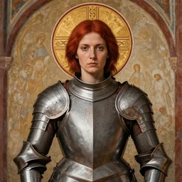 a woman with red short hair, red hair, wearing a medieval armor, intricated details armor, holy knight, a halo on her head, holy saint, holy ichonography, catholic fresco