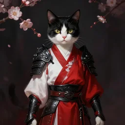 portrait of a cat warrior in red and white clothing, black armor. bloom, dramatic lighting, shadows. dark fantasy, digital painting, hd, 4 k, detailed.