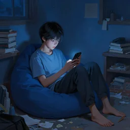 beautiful detailed!!!!!! depressing!!!! digital painting of a short asian teenager with short hair sitting in a bean bag and playing on his phone in his dark!!! nighttime!!!! dimly - lit blue messy room at night, various books, loose paper and junk around him, stunning digital painting, top digital painting, expressive character design, 4 k quality, highly detailed, smooth, sharp focus, clear, trending on artstation