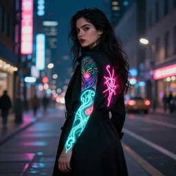 woman in the city at night, black coat, long hair, glowing neon lights tattoo, glowing neon lights in the street, D&D character, detailed illustration, hd, 4k, digital art, overdetailed art, concept art, by greg rutkowski, complementing colors, Trending on artstation, deviantart