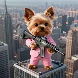 cinematic shot of an anthropomorphic yorki-poo puppy wearing a pink suit holding a M249 Light Machine Gun on top of a skyscraper, very intricate, very detailed, epic, depth of field,