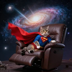 a cat wearing superman cape, a red cape floating through galaxies of space on a recliner chair, cosmic rays, dramatic lighting, spirals galaxies