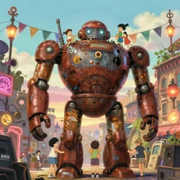memorable animation key shot, anime movie screenshot, kids climbing up the giant bulbous rusty robot schwerer gustav!!!!, bunting, neon, dim lanterns, grafitti!!, trash, reflections, ghibli, themepark, by mandy jurgens, by satoshi kon, ilya repin, lena aenami, shinji kimura, daylight pastel color palette