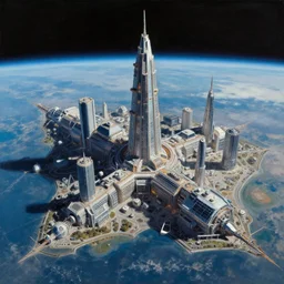 a painting of the low earth orbit space city by john harris. ultra clear detailed. 8 k