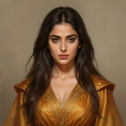 head-on symmetrical centered painted portrait, Mahira Khan as a D&D wizard, amber robe, fantasy, intricate, elegant, highly detailed, digital painting, smooth, sharp focus, illustration, artstation, in the style of Artgerm and Anna Podedworna and Alex Ross