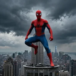 Michael Scott as Spider-Man on top of the Empire State Building, stormy, 4K, hyper-realistic, marvel, cinematic