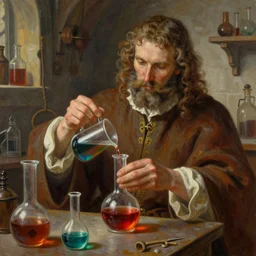 a highly detailed colorful portrait painting of male alchemist mixing a potion in medieval lab, hires, 4 k, artstation, deviantart, in the style of greg rutkowski