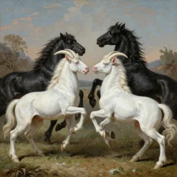 albino centaurs fighting with black centaurs by gerald brom, hyper realistic,