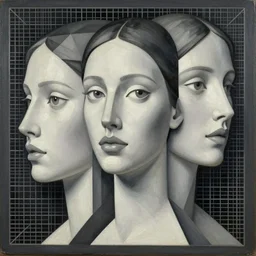 a classic oil painting, geometric 3 d collage sculpture with long shot portraits extruding from the mesh grid, stunning gazes, enticing eyes, figurative, form, human, beauty, elegance, smooth, curves, monochrome, trending on art station