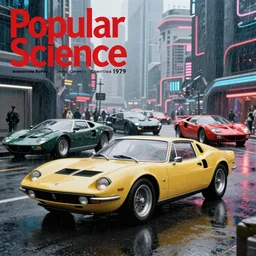 1979 Popular Science Magazine Cover of a single 1965 De Tomaso Pantera, with elements of the F40, Lotus, BMW M1, GT40 and Countach, cyberpunk city, raining, wet and reflective, movie still, cinematic Eastman 5384 film